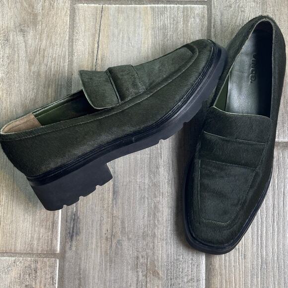 VINCE Robin Lug Loafer Chunky Square Toe Calf Hair Olive Green 10 NEW - Picture 1 of 5